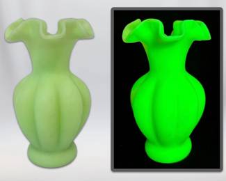 Fenton Satin Green Uranium Ruffled Melon Vase