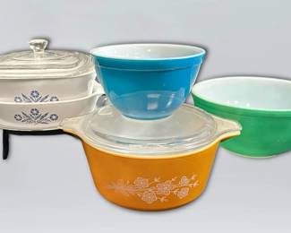PYREX Butterfly Gold Casserole Dish, Blue  Green Mixing Bowls, and Corningware Dish  Warmer