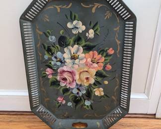 Vintage Hand Painted Floral Tray 
Metal Toleware 
17 3/4" x 24"