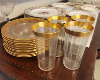 Gold rim, Tiffin Franciscan tumblers
Also matching plates
Coupes and wine glasses!
