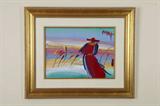 An exciting and beautifully presented Peter Max (New York, b. 1937), original mixed media, acrylic and color lithography on paper, titled “Walking in Reeds.” A brilliantly rendered piece from one of the masters of psychedelia, portraying a figure in a red robe and galero, perchance a papal reference, depicted standing along a shoreline dotted with reeds. Signed in the upper right, housed in a distressed finish gilt frame with stylized leaf detail, and linen matte.
