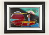 A Peter Max (New York, b. 1937) mixed media with acrylic and color lithograph on paper, titled “New Moon,” completed in 2006, signed in acrylic in the upper right. An alluring piece by the master of the psychedelic genre, here a rather sweet moment rendered, a figure stands beneath an umbrella, against the rising moon, streaks of color filling the field. Housed in an ebonized frame with linen matte. Includes a certificate of authenticity from Park West Gallery.