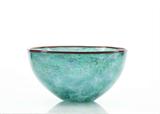 A beautiful modern art glass bowl by well known artisans Michael Cohn and Molly Stone (Richmond, California, 20th – 21st Century), in a tranquil blue – green, with white patterning, and a bright crimson rim. Dated 1992, signed on the base.