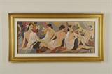 A simply gorgeous, quite enchanting depiction of the intimacy of a bathing room, captured in acrylic on canvas by well listed contemporary expressionist Isaac Maimon (Israel, b. 1951), titled “The Bathing Room II.” Commissioned by the previous owners, the piece is beautifully painted, depicting five ladies, in a moment of leisure and luxury, against a rich ground of colors. The piece is signed in the lower right, elegantly presented in a gilt wooden molding frame with a linen matte. Includes a letter of authenticity; painted in 2000.