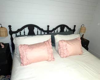 KING HEADBOARD, MATTRESS, BOX SPRING - VINTAGE PAINTED SIDETABLES WITH WICKER LAMPS 