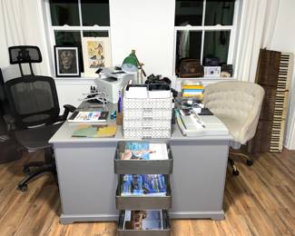 TWO (2) MATCHING OFFICE DESKS - FULL OFFICE SUPPLIES AND CHAIRS 