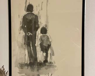 Vintage framed signed lithograph wall art by              
ALDO LUONGO (Argentina) - 1970 ,                              
"MAN WALKING WITH BOY" -                                     
$250.00  