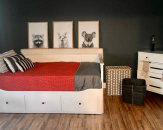 POTTERY BARN TWIN DAY BED WITH TRUNDLE & MATTRESS - ART , DRESSER- IKEA HAMPERS, 