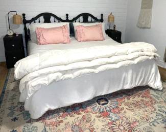 KING HEADBOARD, MATTRESS, BOX SPRING - VINTAGE PAINTED SIDETABLES WITH WICKER LAMPS 