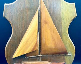 Sloop Plaque W Hand Carved Sails & Hull-Made By An Inmate Of Maine State Prison
