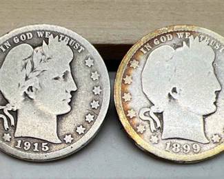 (2) Antique Barber Silver Quarter Dollars 1899 & 1915
