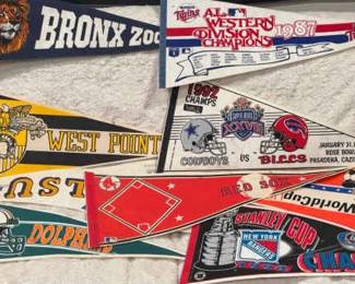 (9) Sports Pennants
Includes - MLB Red Sox, NFL Dolphins, LSU Tigers, West Point, Bronx Zoo, 1992 Cowboys V Bills, World Cup USA 1994, 1987 Twins AL Western Division Championship, NHL Stanley Cup 1994. 