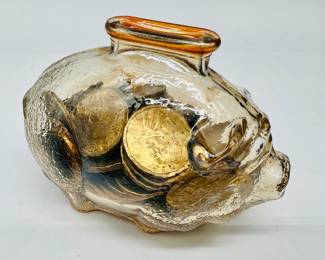 Collection of Sacagawea One Dollar Coins in Vintage Marigold Carnival Glass Piggy Bank
