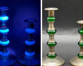 (2) International Silver Co. Antiqued Candle Sticks with UV Reactive Green Accents
