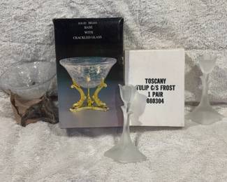 Brass Base Crackle Dish And (2) Tuscany Tulip Frost Candlesticks

