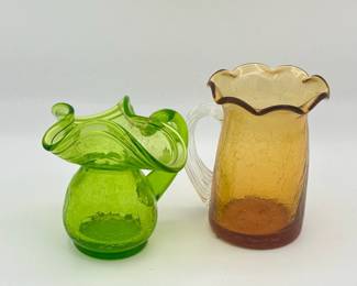 (2) Small Crackle Glass Pitchers
