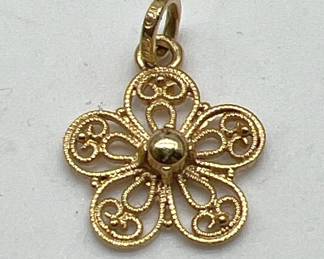 Italian 14K Solid Gold Filigree Floral Pendant Stamped 585
