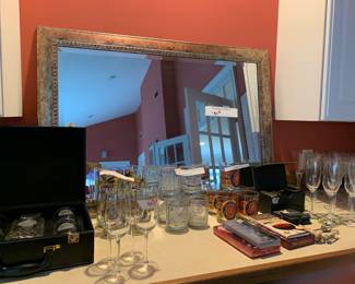Variety of Bar items, Taste Setter glasses, Las Coronas old fashion , George Briard Nautical glasses. Champagne Flutes, and a Framed Rectangle Mirror,