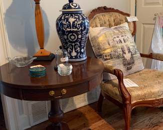 Mersman vintage Mahogany table/drawer, blue and white ginger jar and vintage- maybe antique chair that needs new material, nice wood carved frame