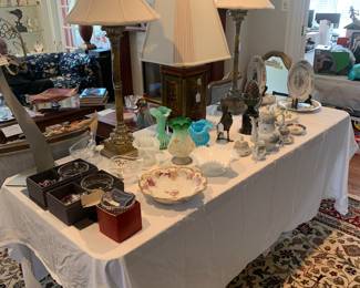 Table filled with Fenton , Antique Porcelain, Waterford    
 Candlestick Lamps