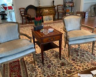 Magnificent oriental carpet 14x20, two light blue French-style chairs and Mahogany inlaid leather top table/drawer