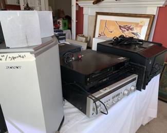 Two Tables filled with Electronics: Hp Printer -very nice, tape players, woofers, vtg. ham radios , speakers and more