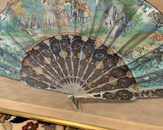 mother of Pearl Rococo Hand painted Fan in Gold frame Shadow box