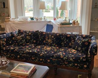 Navy floral goose down sofa-wood frame, cocktail table with glass inlaid top and wicker bottom
