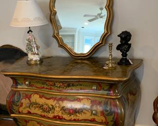 Large Hand painted Bombe Chest, gold frame mirror, brass Baldwin Candlestick, Bronze girl statue. There is a matching mirror frame on left side that goes with Chest (mirror is taken out)