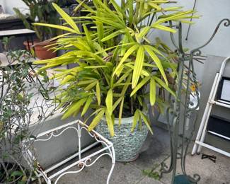 The potted planter and green iron stand are sold.