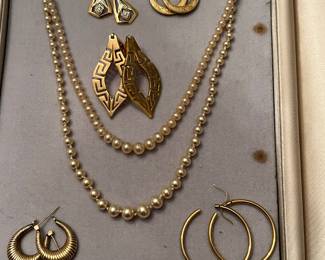 Vintage graduated pearl necklaces with modern and vintage 14k gold earrings