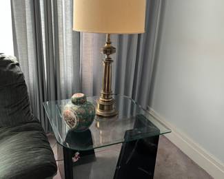 Glass and resin end table, tapered tempered green glass with marbled green resin base