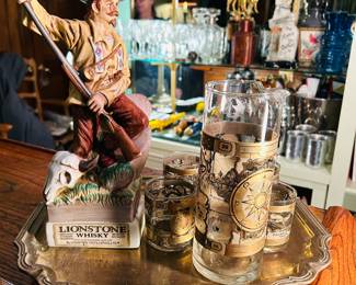 Mid century barware, decanters, glasses, trophies