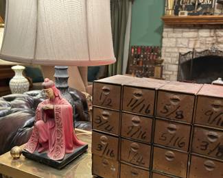 Brass container.  Mid century lamps. 