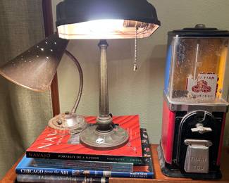 Antique bronze and brass lamps. Gumball machine. 