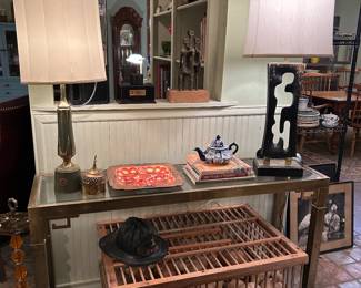 Chicken coop coffee table.  MCM brass table.