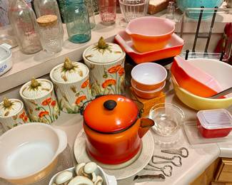 Vintage kitchenware including Flame orange Fire-King, canister sets