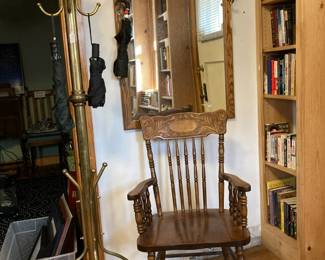 Oak spindle back Arm Chairs, Brass Hall Tree, Mirror with shelf and hooks