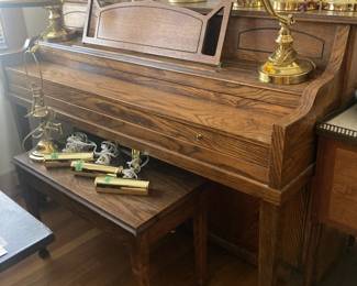 Upright Piano and bench, Brass desk lamps
