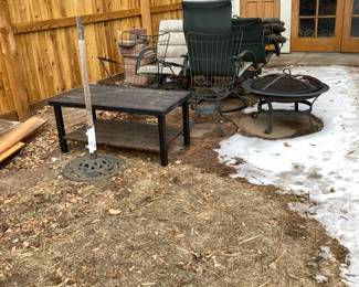 Outdoor chairs, coffee table, umbrella stand, fire pit