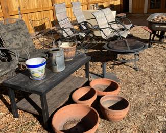 Outdoor chairs, Firepit, Wheelbarrow