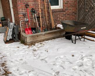 Wheel barrow, shovels, garden tools