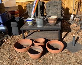 Outdoor chairs, Coffee Table, Umbrella stands, Clay pots, Watering can