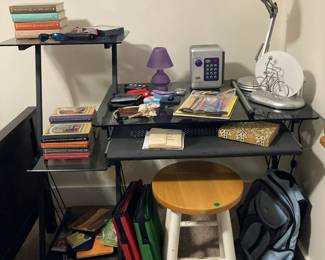 Fun tiered Desk with glass shelves and pull out keyboard, Books and accessories, desk lamp