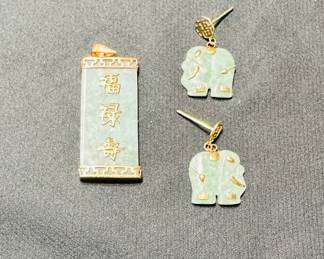 Gold embellished pendant and earrings