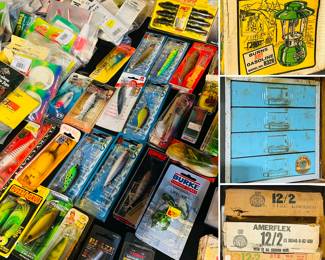 Fishing lures, 12/2 copper wire (new in box), vintage Union utility box, vintage Thermos camp lantern