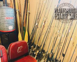 Fishing rods
Fishing equipment
Boat oars/boat paddles
Wooden oars/paddles
Vintage metal Igloo water cooler
Vintage fishing boat seats