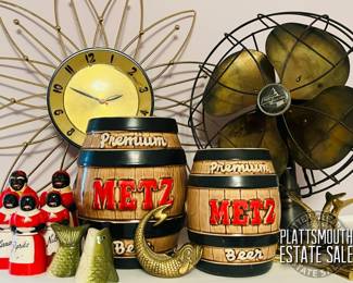 Vintage beer advertising
Vintage Metz beer bank
Vintage black Americana
Vintage atomic clock
Vintage Emerson Electric fan
Vintage brass figurines
Vintage salt and pepper shakers