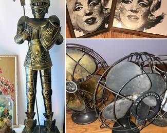vintage medieval knight, vintage Marilyn Monroe mirrored wall art, vintage metal fans