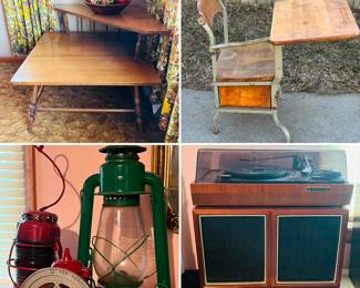 vintage tiered end table, vintage school desk, vintage railroad lanterns